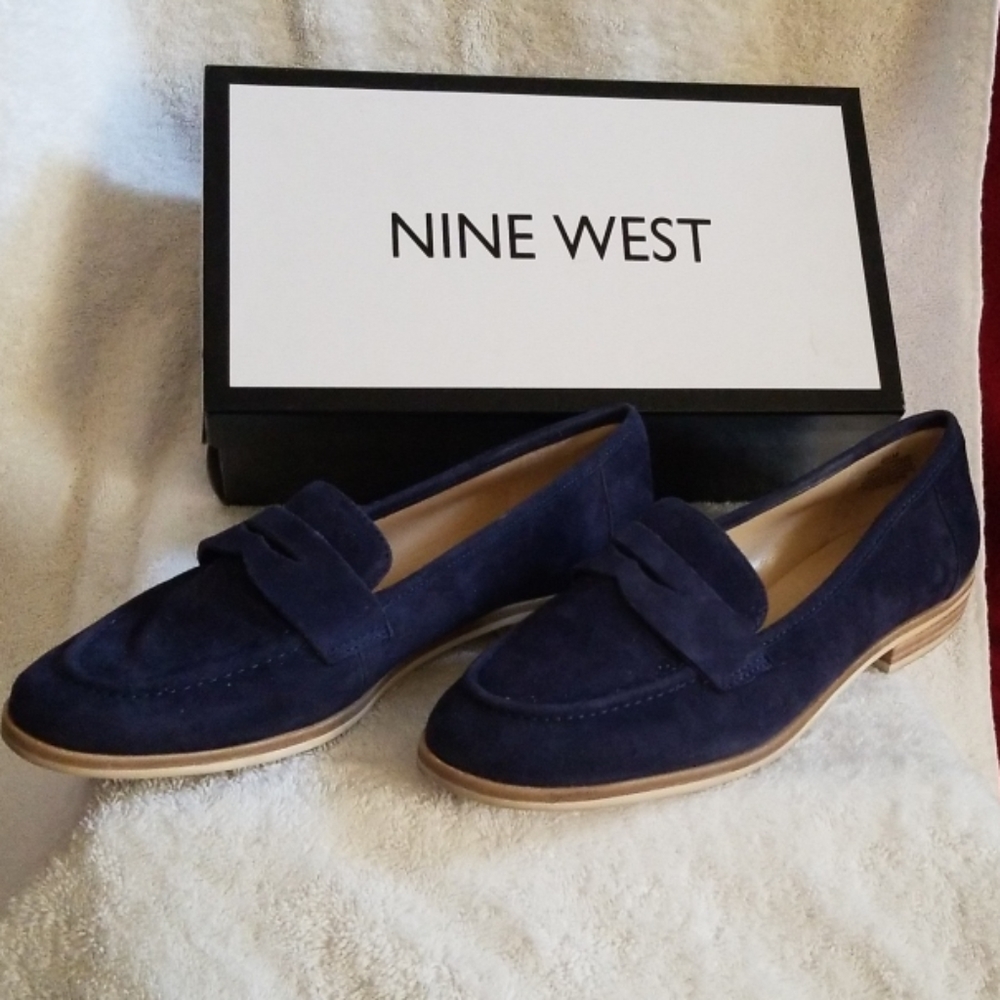 Navy blue suede penny loafers